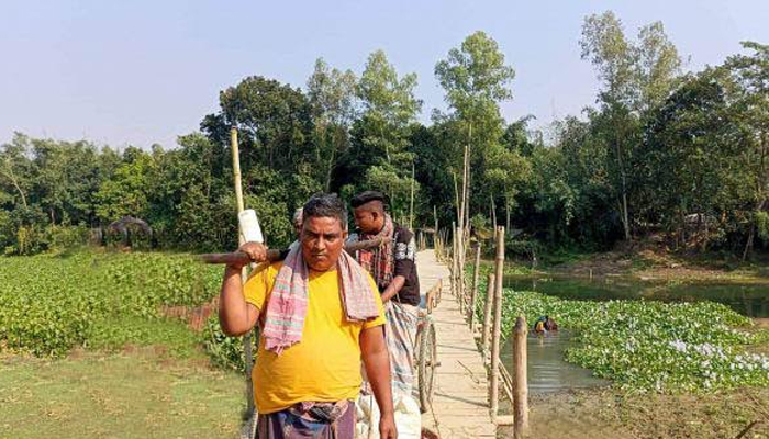 সিরাজগঞ্জে ইছামতী নদী পারাপারে একমাত্র ভরসা বাঁশের সাঁকো