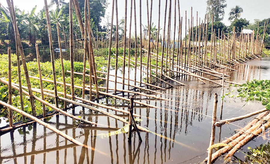 সাঁথিয়ায় পানি নিষ্কাশন খালে সুতি জালের বাঁধ