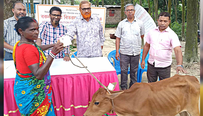 দিনাজপুরে শিশুশ্রম নিরসনে শ্রমিক পরিবারের মাঝে গাভী বিতরণ