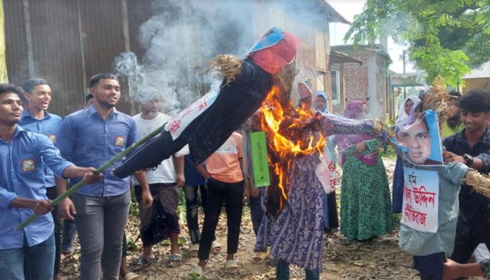 সখীপুরে প্রধান শিক্ষকের অপসারণ দাবিতে কুশপুতুল দাহ